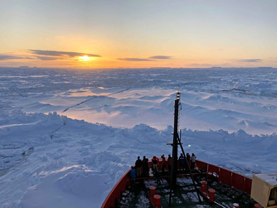 Personnel aboard the research vessel Nathaniel B. Palmer on March 15 as it moves into the Bellingshausen Sea enjoy a Sunday morning sunrise. The crew participated in the International Thwaites Glacier Collaboration in the Amundsen Sea region. The U.S. Naval Research Laboratory’s Global Ocean Forecast System provided valuable environmental information that helped the ship navigate out of Antarctic’s ice-laden waters. (National Science Foundation photo by Cindy Dean)