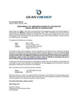 Gear Energy Ltd. Announces Change of Location for Annual Meeting of Shareholders (CNW Group/Gear Energy Ltd.)