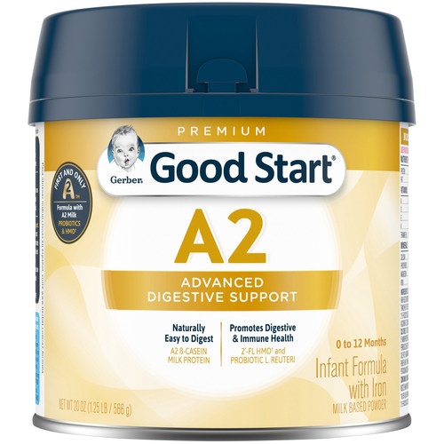 Gerber® Good Start® A2 Infant Formula contains an exclusive combination of easy-to-digest A2 β-casein protein – a high-quality protein found in A2 milk – probiotics and prebiotic HMO designed to give your little one advanced digestive support for a great start.