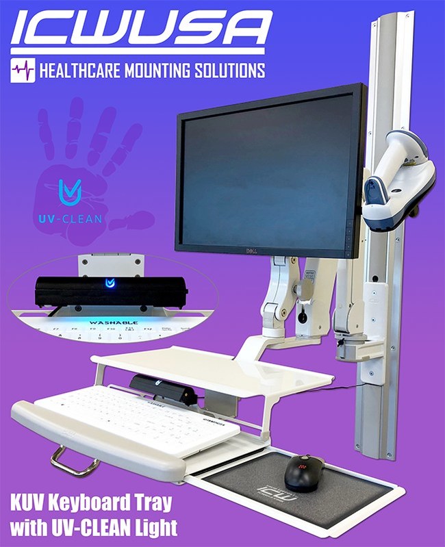 ICWUSA's KUV Keyboard Tray equipped with Proximity System's self-disinfecting UV-CLEAN Light.