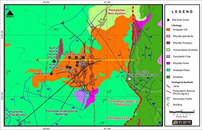 Figure 2:  Drill Hole Collar Locations and Geology – Mineralized Structures (Plomosas Mine Area) (CNW Group/GR Silver Mining Ltd.)