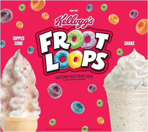 For a limited time, enjoy a sweet Wienerschnitzel Dipped Cone or Shake bursting with the fruity flavor of Froot Loops cereal.