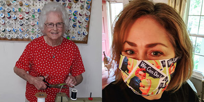 (Left) A 91-year-old Masks Now Coalition volunteer at her Greensboro, N.C. workshop. [Image Courtesy: WFMY2 News]. (Right) Jill Loshaw Manuel of the Washington DC-area wears a Masks Now Coalition branded homemade mask. [Image Courtesy: Facebook].