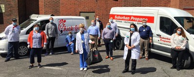 Members of Suburban Propane and Chick-fil-A Cicero deliver 1,250 meals, enough to feed every healthcare professional in a 24-hour shift, at Crouse Health in Syracuse, NY to thank them for their efforts to fight COVID-19.