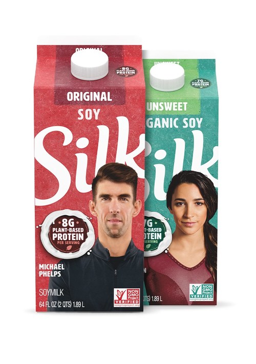 Michael Phelps and Aly Raisman will grace the front of Silk Soymilk cartons hitting shelves this May.