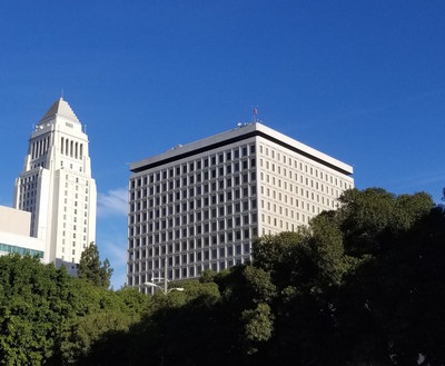 Los Angeles City Hall as seen with the East Tower in the foreground where Dynamic Water Technologies first installed their system in 2018.