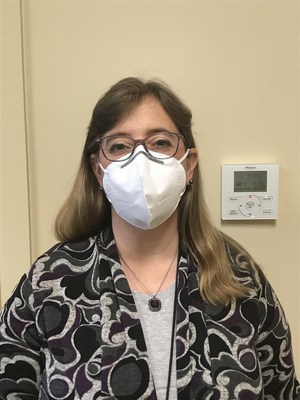 Photo is of Lisa Ellis, Director of Nursing, Community Health Connections, wearing one of Massive Technologies KN95/FFP2 masks from PGT in Fujian, China.