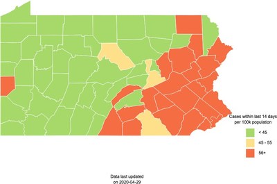 Pennsylvania: New COVID-19 CASES by County as of 4-29-20