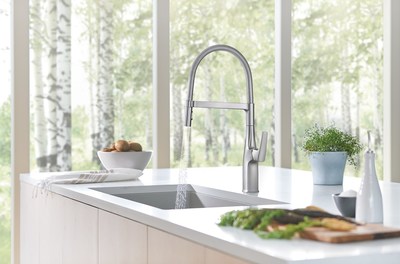 The new BLANCO RIVANA faucet collection features modern, geometric styling with options that include a semi-professional model (pictured), as well as pull-down and bar faucet options.