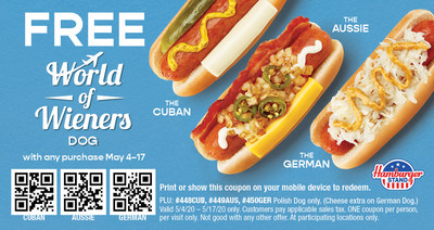 For a limited time, get one of Hamburger Stand’s new internationally-inspired dogs FREE with purchase when you redeem coupon