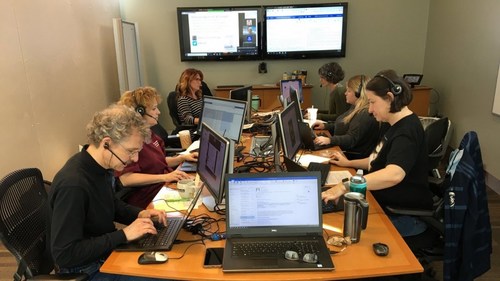 KUPCE set up a “Command Central” in a KU Edwards Campus conference room to transition and manage a 650-person conference from its planned physical location in Dallas to an online event in the span of only two weeks. “We were actually socially distanced more than this photo appears,” confirmed Cordell. Around the table are Kevin Curry, Pam Hicks, Stacy Cordell, Erika Eden, Amanda Morgan and Justine Hamilton.