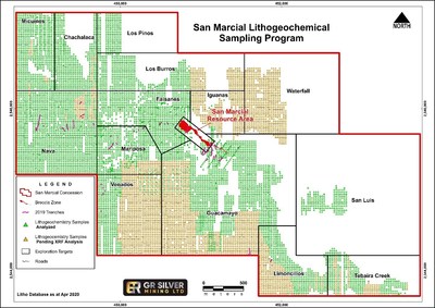 Figure 4: San Marcial Targets – Litho-geochemical Sampling Coverage and 2020 Drill Holes (CNW Group/GR Silver Mining Ltd.)