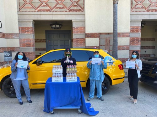 Trippie Redd drops off a donation of organic beverages to healthcare workers on the frontline of the COVID-19 pandemic at UCLA Medical Center, Santa Monica