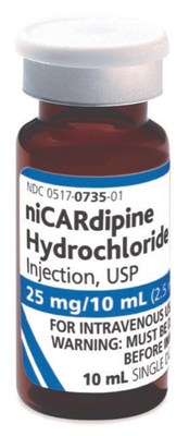 Nicardipine Hydrochloride Injection is supplied in a 10 mL amber glass vial in a carton of 10 vials. The strength is 25 mg/10 mL (2.5 mg/mL).