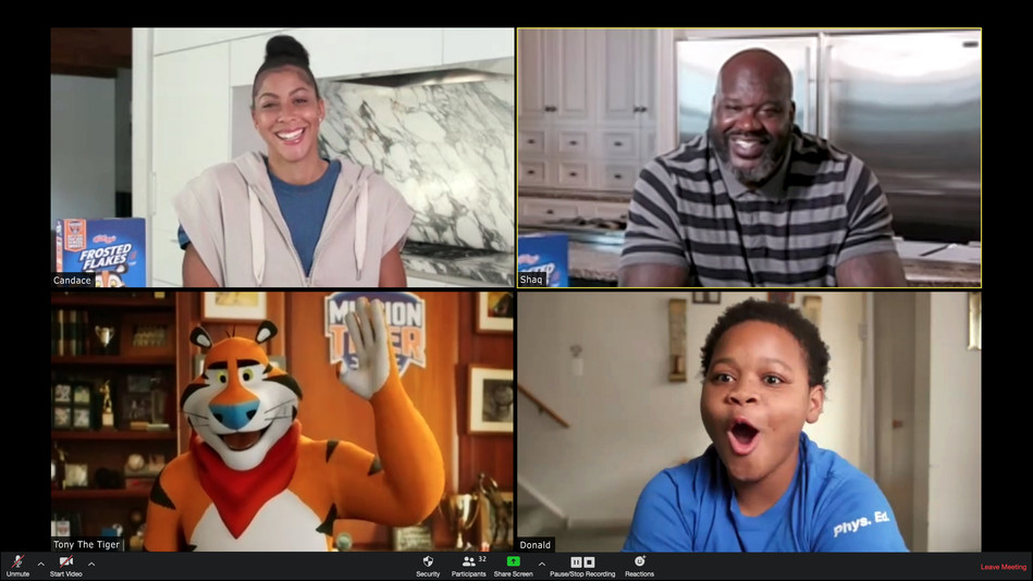 The latest Mission Tiger recruits, superstars Shaquille O’Neal and Candace Parker team up with Tony the Tiger to “crash” a Philadelphia middle school’s video team meeting to announce a game-changing surprise donation. Young Scholars Charter School student Donald Smalls is just one of the many kids that will be impacted by the donation that will build a safe, on-campus court for kids to play on when sports return.