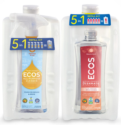 The new Mother & Child™ ECOS® Refill Kit system for ECOS® Dishmate® Dish Soap and ECOS® All-Purpose Cleaner Orange Plus®, with a patented “click-in” packaging design that’s convenient, easy to use and space saving, available at Whole Foods Market and other retailers across the U.S.