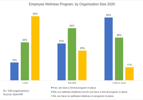 Fully 89% of organizations with 1,000 or more workers have either a formal wellness program or run wellness initiatives without a formal program, compared with 75% of employers with 250 to 999 workers, and 46% of organizations with a staff of fewer than 250.