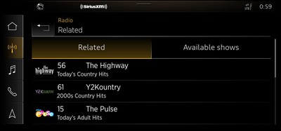 SiriusXM with 360L on 2021 Model Year Audi Vehicles: The “Related” recommendations feature allows listeners to easily discover other channels and on demand shows/episodes related to the currently playing channel and content.