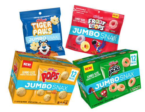 New Kellogg’s® JUMBO SNAX features cereal classics, now jumbo size and packaged perfectly for snacking. The new product line includes Kellogg’s Froot Loops®, Apple Jacks®, Corn Pops® and Kellogg’s Frosted Flakes®-inspired Tiger Paws.