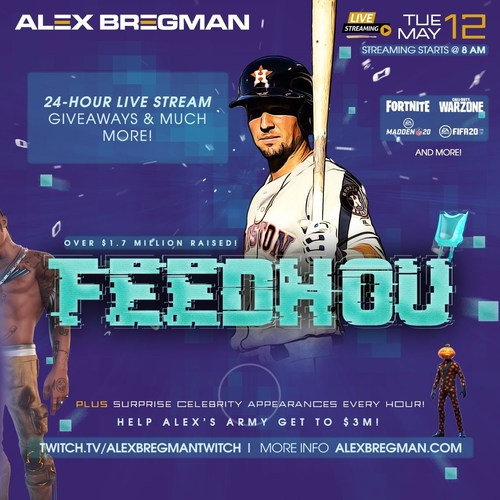Houston Astros third baseman Alex Bregman is used to playing games, but this time will do so in an electronic and remote environment with the goal of adding to $1.8 million in donations that his FEEDHOU campaign already has brought to the Houston Food Bank during the COVID-19 pandemic. On Tuesday, May 12, the famed ballplayer will host a 24-hour charity live stream on Twitch – the popular online streaming platform – where he and other celebrity participants will battle it out in a virtual arena.