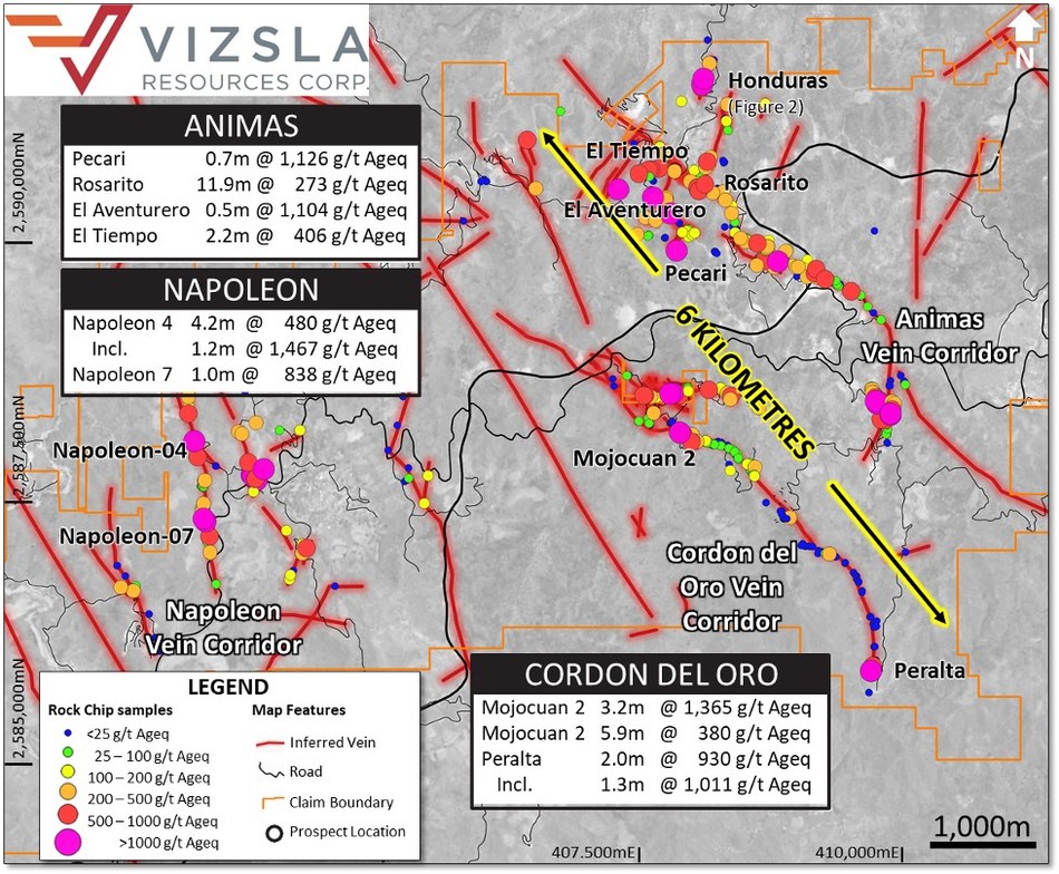 Figure 1:	Plan map showing sampling results and Honduras location with selected results labelled. (CNW Group/Vizsla Resources Corp.)