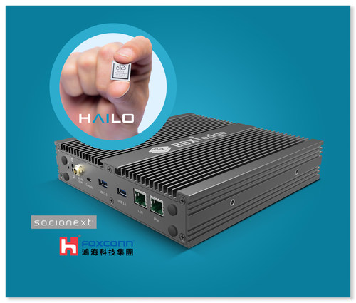The Hailo-8(TM) deep learning processor, combined with Foxconn’s “BOXiedge(TM)" and Socionext’s "SynQuacer(TM)" SC2A11, provides market-leading energy efficiency for standalone AI inference nodes. (PRNewsfoto/Socionext,Foxconn,Hailo)