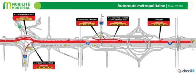 Autoroute 40 (Mtropolitaine) - Fermeture exceptionnelle au cours de la longue fin de semaine du 15 mai (Groupe CNW/Ministre des Transports)