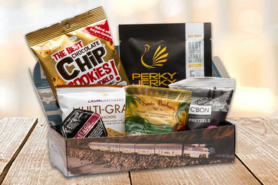 Donated Pacific Surfliner snack packs include turkey jerky, Asiago cheese spread, multigrain mini pretzels, trail mix, chocolate chip cookies, and a peppermint taffy. Photo provided courtesy of the LOSSAN Rail Corridor Agency.