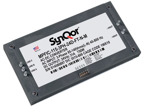 The MilCOTS 3-Phase MPFICQor Isolated Power Factor Correction module is a high power, high efficiency AC-DC converter. It operates from a 115 Vrms AC input and generates an isolated DC output. Regulated output and droop output modules are available. Used in conjunction with a hold-up capacitor, and SynQor's MCOTS AC line filter, the MPFICQor will draw a nearly perfect sinusoidal current (PF>0.99)