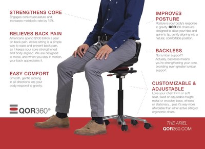 The QOR360 Ariel has a number of unique features that set it apart from ergonomic chairs. The sleek design earned QOR360 the A'Design Bronze Award in the Furniture category.