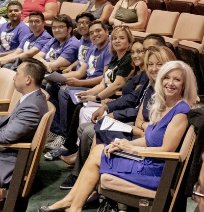Donna Woods, Susanne Mata - Regional Director, ICT-DM Sector for the Inland Empire / Desert Region, Avi Nair, Nikki Cook - Moreno Valley College and the California Mayors Cyber Cup 2019 Inland Empire/Desert Champion team from Grand Terrace. Attending the city council meeting to present the mayor with the perpetual trophy.