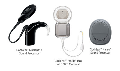 Cochlear Nucleus Implant System, featuring the internal implant and the two external sound processor wearing options.