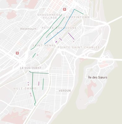 Mesures  venir du Plan estival de mobilit active. Lgende : Vert - pistes cyclables et REV?; bleu - corridors de mobilit active?; mauve - pitonnisations et rues partages?; rouge - corridors sanitaires. (Groupe CNW/Ville de Montral - Arrondissement du Sud-Ouest)