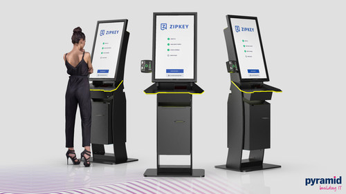 Image shows Pyramid Computer’s new polytouch® 32 curve - access control kiosk which automatically measures human body temperature as part of authorizing personnel and visitor access to buildings and public areas. By streamlining the flow of people through the kiosk, quick but very accurate contactless checks can determine if an individual is running a fever and therefore potentially has the coronavirus (SARS-CoV-2) or possibly another virus or bacterial disease such as influenza. The Pyramid polytouch® 32 curve kiosk helps businesses, institutions, public transportation and venue operators rapidly detect and reduce the potential spread of infection among employees, guests and visitors. (PRNewsfoto/Pyramid Computer GmbH)