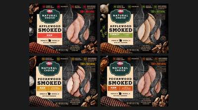 The new Hormel® Natural Choice® hardwood smoked lunch meats are expertly crafted products – smoked in netting over real wood chips for over four hours – include exciting flavors like applewood ham, applewood turkey with garlic and herbs, pecanwood ham with sweet black pepper and pecanwood ham with brown sugar.