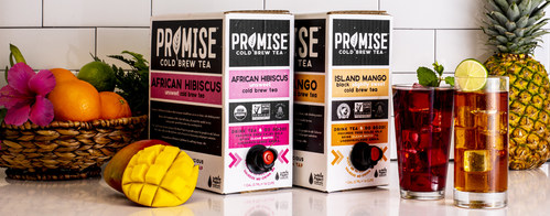 Promise Cold Brew Tea™ is available in two flavors, Unsweet African Hibiscus, a tart and fruity tea with notes of citrus and pomegranate, and Slightly Sweet Island Mango, a rich black tea paired with notes of sweet mango.