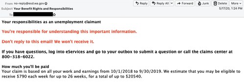 Example email from Washington Employment Security Department (ESD) as a result of a fraudulent Scattered Canary unemployment claim.