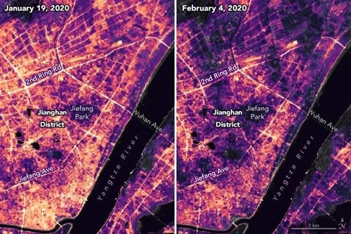 Lighting changes between Jan. 19 and Feb. 4, 2020 in Jianghan District, a commercial area of Wuhan, China, as retrieved by the Visible Infrared Imaging Radiometer Suite (VIIRS) using NASA’s Black Marble product suite: https://blackmarble.gsfc.nasa.gov/. Image Credit: NASA Earth Science Observatory.
