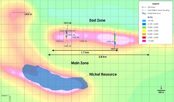 Figure 1b – Plan View of East Zone Nickel - Drilling Results overlain on total field magnetic intensity, Crawford Nickel-Cobalt Sulphide Project, Ontario. (CNW Group/Canada Nickel Company Inc.)