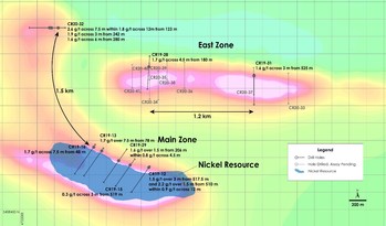 Figure 2 – Plan view of PGM Zone - Recent drilling overlain on total field magnetic intensity, Crawford Nickel-Cobalt Sulphide Project, Ontario. (CNW Group/Canada Nickel Company Inc.)