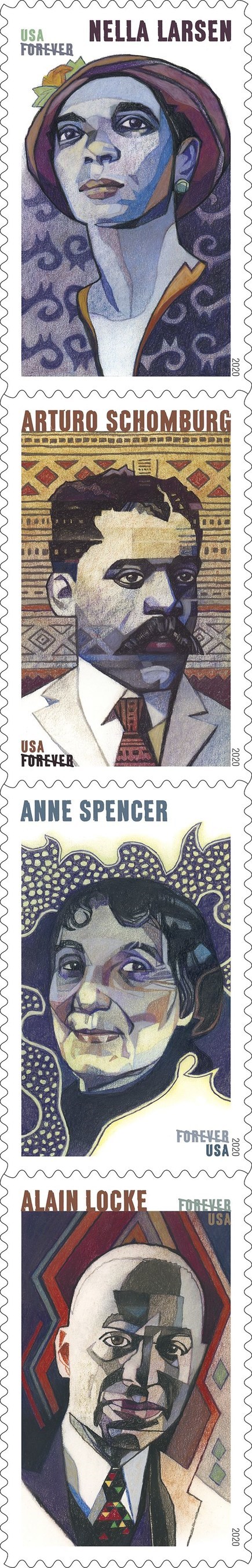 The new Voices of the Harlem Renaissance stamps honor four transformative writers of the 1920s. (PRNewsfoto/U.S. Postal Service)