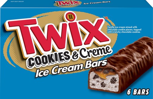 TWIX® Cookies & Creme Ice Cream Bars are packed with creamy vanilla ice cream mixed with chocolate cookie pieces, topped with crunchy chocolate cookies.