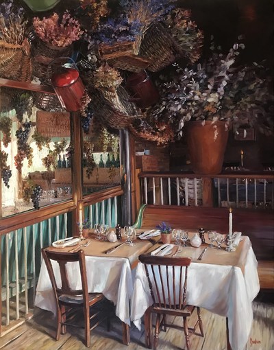 Lindsay Goodwin, "Warm Glow of Sienna at La Poule au Pot, London," 28 x 22 inches, oil on canvas at Jones and Terwilliger Galleries