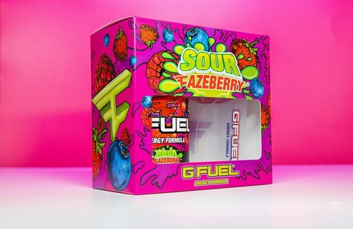 G FUEL Sour FaZeberry, a remix of the iconic G FUEL FaZeberry, tastes like a taste buds-tingling combination of pomegranates, strawberries, and acai berries with an extra hit of sourness. The new flavor is now available for sale in 40-serving tubs and limited-edition collectors boxes, which include one 40-serving Sour FaZeberry tub and one 16 oz The Sour FaZe shaker cup, at gfuel.com.