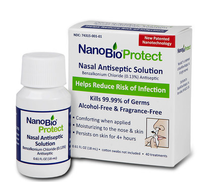 NanoBio Protect is an alcohol-free antiseptic solution that is easily applied with a cotton swab to the skin inside and around the nose to kill 99.99% of germs and reduce the risk of infection.