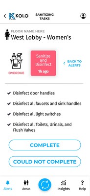 Sanitization checklists and tasks are displayed for cleaning staff to accurately monitor total hygiene room to room