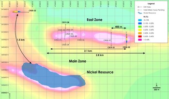 Figure 1a – Plan View of East Zone Nickel - Drilling Results overlain on total field magnetic intensity, Crawford Nickel-Cobalt Sulphide Project, Ontario. (CNW Group/Canada Nickel Company Inc.)