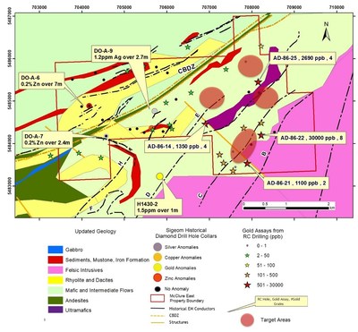 Figure 1: Compilation Map for the McClure East Property Showing Updated Geology and Results of Historical RC Drilling (CNW Group/Orford Mining Corporation)