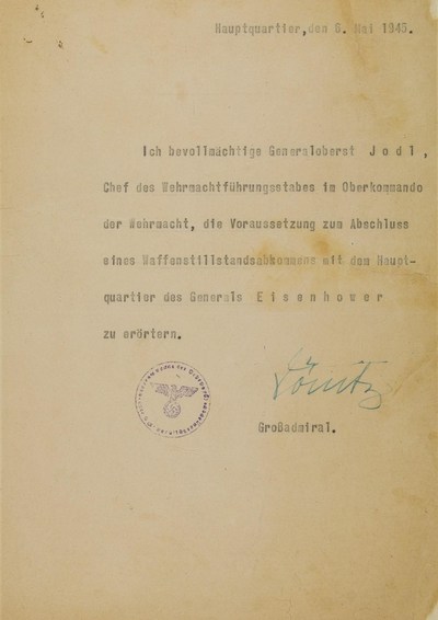 THE DOCUMENT THAT FORCED THE SURRENDER OF NAZI GERMANY - Letter given to Field Marshal Alfred Jodl. His official credentials allowing him to negotiate Germany's surrender in World War II with the Allies. It is signed by Adm, Karl Donitz, president of Germany following Hitler's suicide. Jodl would sign the surrender the next day, warning Donitz: "chaos or signature!" Valued at $1M, proceeds to be donated to Coronavirus charities worldwide. To be sold by Alexander Historical Auctions, June 9.