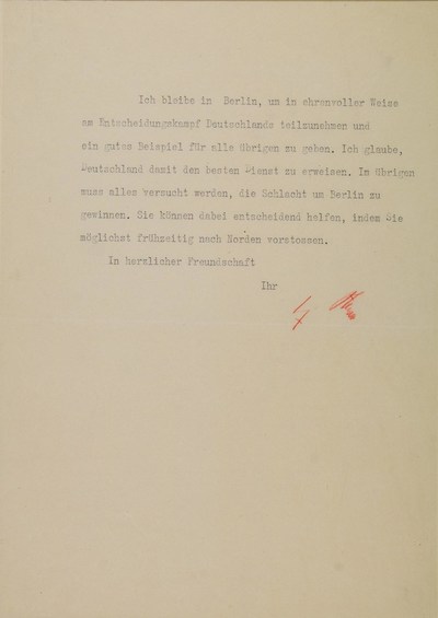 Adolf Hitler's last signed military message, sent to a top general who begged him to flee Berlin. The doomed dictator writes: "I shall remain in Berlin so as to take part in honorable fashion in the decisive battle for Germany and to set a good example to all those remaining. I believe that in this way I shall be rendering Germany the best service..." Six days later, Hitler committed suicide with a pistol shot to his head. Letter being auctioned June 9 by Alexander Historical Auctions.